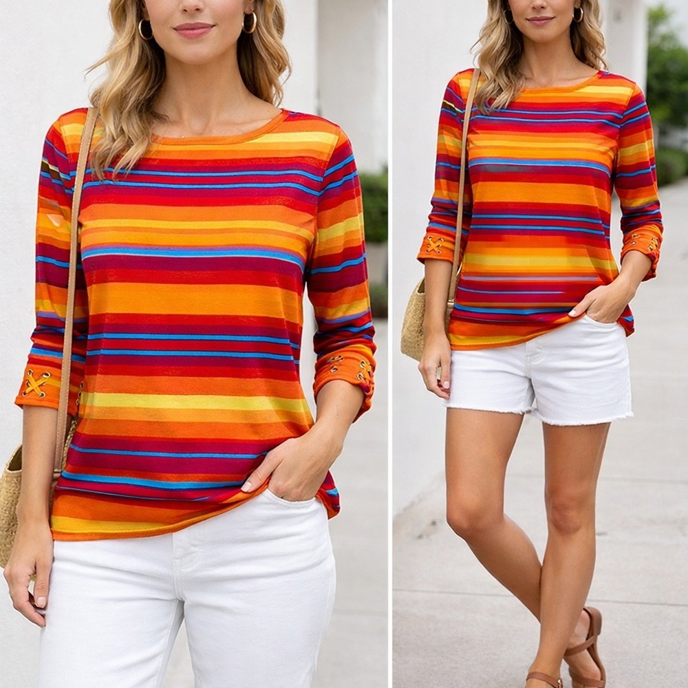 Lauren Ralph Lauren Retro Striped‎ Y2K Top XL Orange Red 3/4 Sleeve Lace Up Cuff